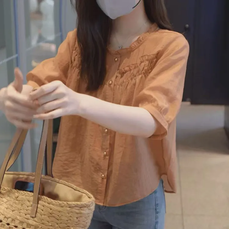 法式高级感木耳边拼接短袖衬衫女2024夏季新款宽松百搭爆款上衣潮