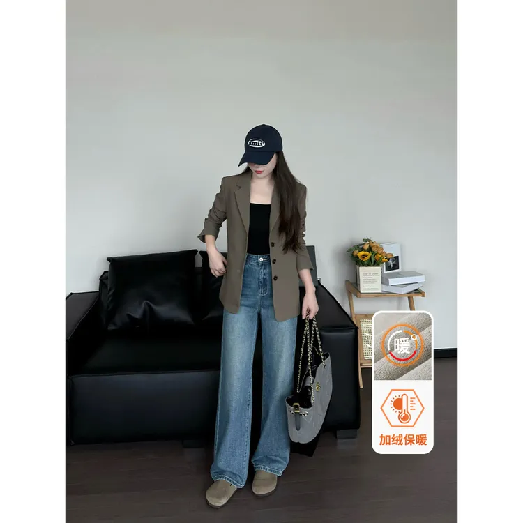 missrococo/洛可可小姐冬季加绒2025新款窄版直筒牛仔裤女款百搭