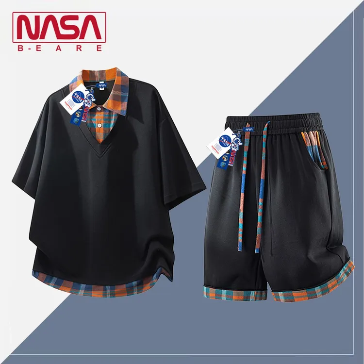 NASA联名假两件拼接短袖t恤休闲套装男夏季宽松青少年酷帅一整套