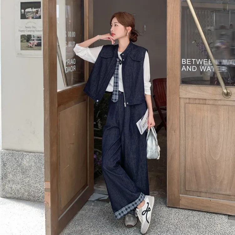 小香风法式休闲风时尚套装春秋套装秋季复古高腰休闲显瘦牛仔直筒