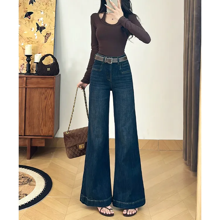 乔栈复古深蓝色设计感高腰显瘦拖地牛仔裤女秋冬不贴腿微喇阔腿裤