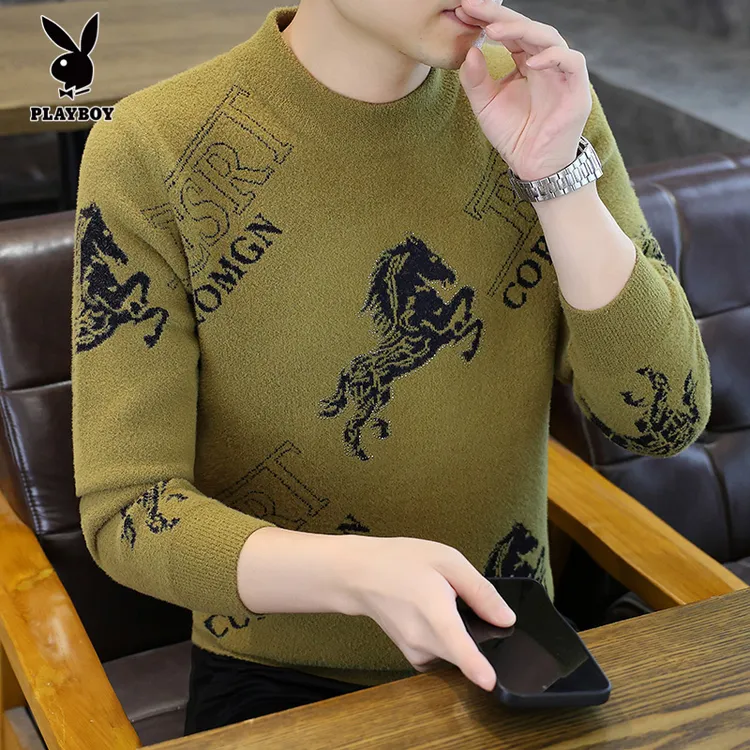 花花公子男装不起球烫钻中领提花毛衣针织衫冬季加厚男打底衫毛衣