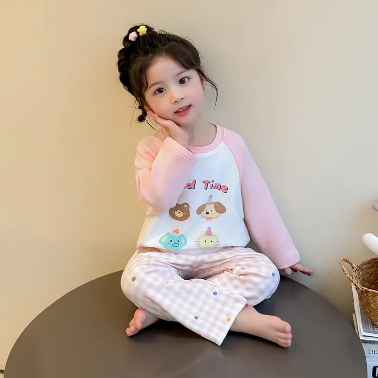 女童睡衣2025新款儿童a类纯棉春秋格子裤家居服套装女孩秋衣秋裤