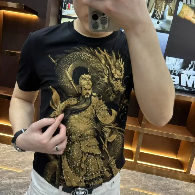2025夏季新款高品质欧货男士二爷烫金+烫钻圆领T恤休闲时尚修身