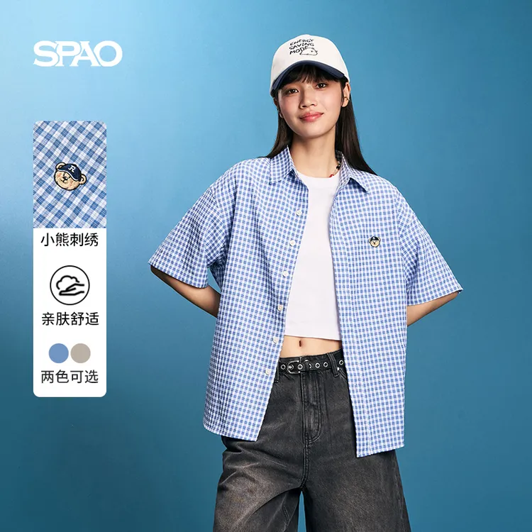 SPAO2025夏季新品情侣款学院风小熊Woodie短袖格子衬衫SPYWF37C90