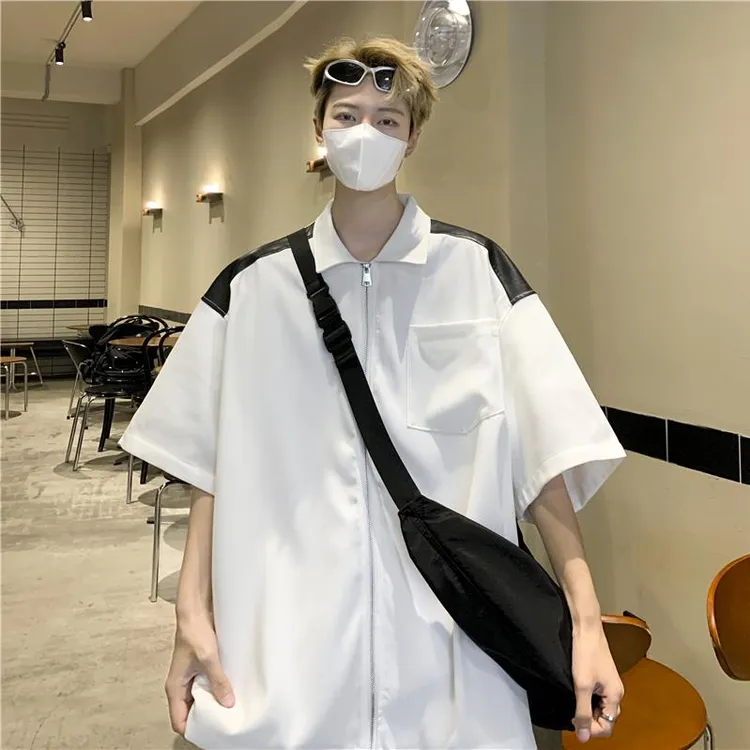  男装半袖衬衫男夏季小众设计感撞色短袖衬衣美式高街潮牌宽松休