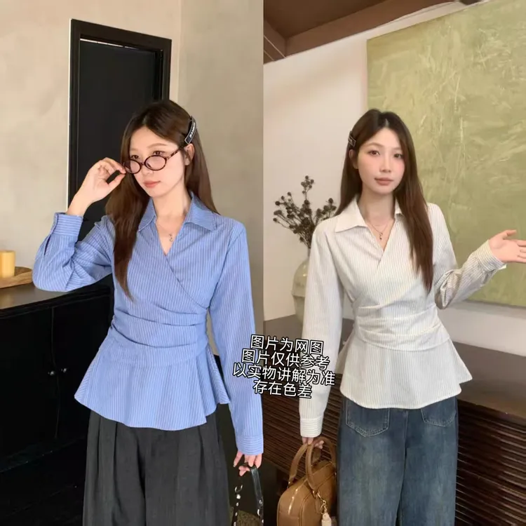 2025秋季新款大码女装韩系小众设计感收腰条纹衬衫