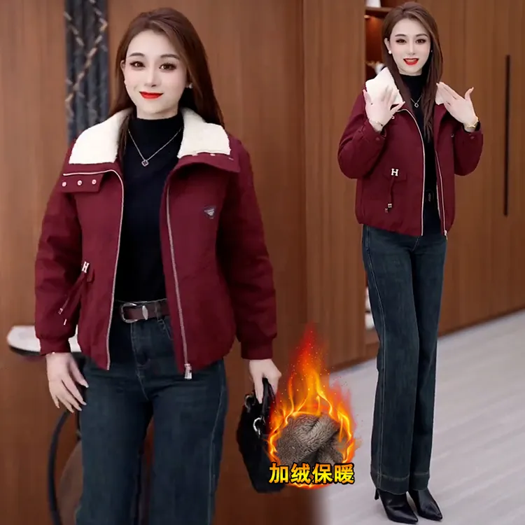 加绒加厚时尚短外套女2025冬季新款洋气宽松显瘦保暖翻领派克棉服
