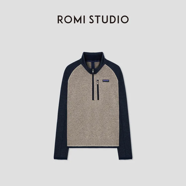 ROMI STUDIO“美式复古” 摇粒绒拼色花纱感微弹立领卫衣 441V7107