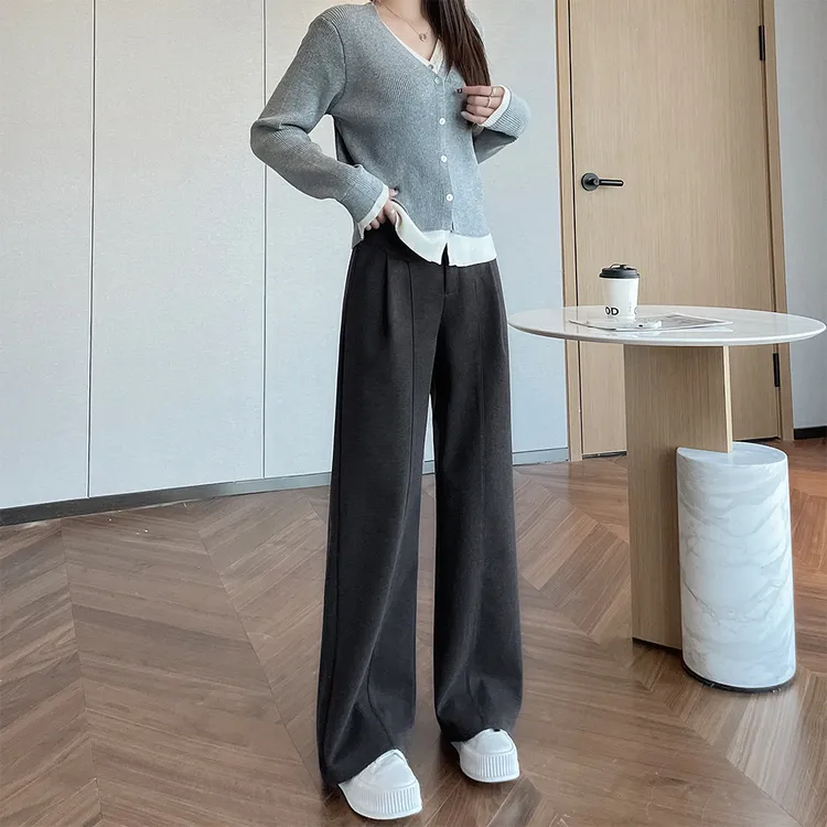 深灰色阔腿毛呢裤女小个子秋冬穿搭2025新款高腰宽松直筒加绒裤子