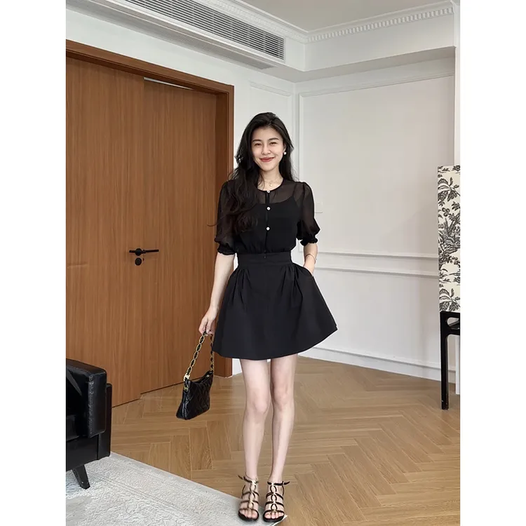 【现货速发】张阿星假两件连衣裙网纱拼接收腰显瘦蓬蓬裙W425A08996