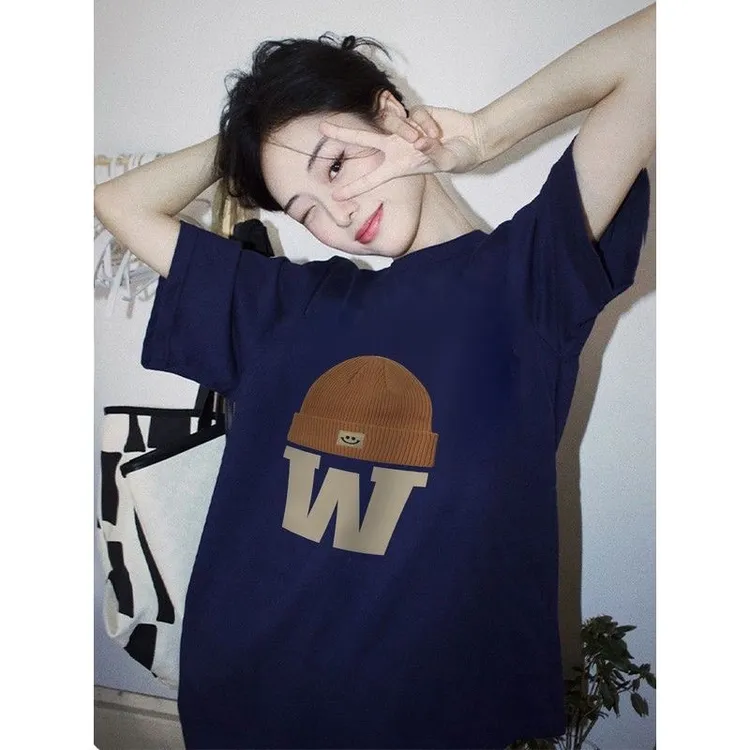 纯棉山东即墨短袖女新款爆款圆领宽松创意字母印花春夏女装上衣潮