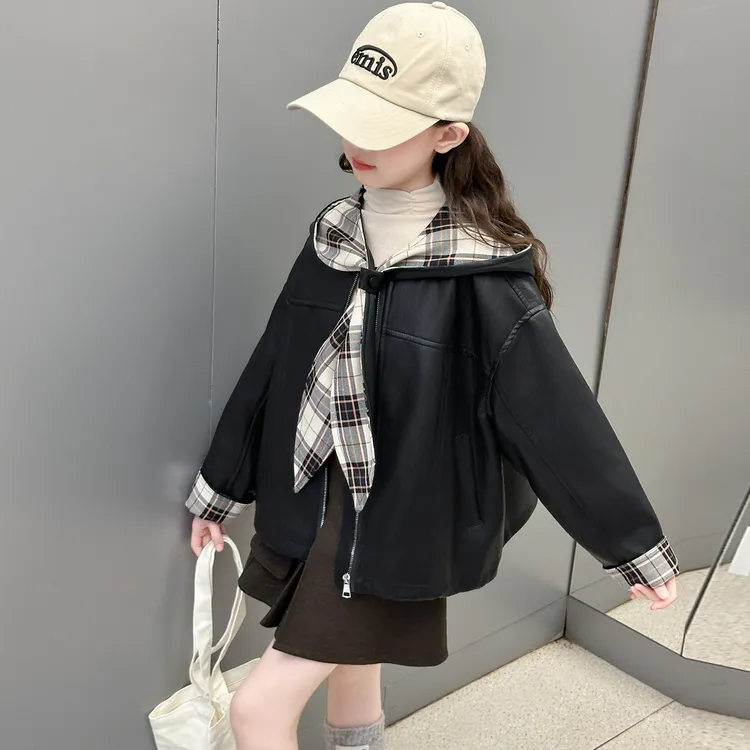 女童秋季新款外套中大童休闲洋气皮衣连帽黑色拉链衫儿童春秋款潮
