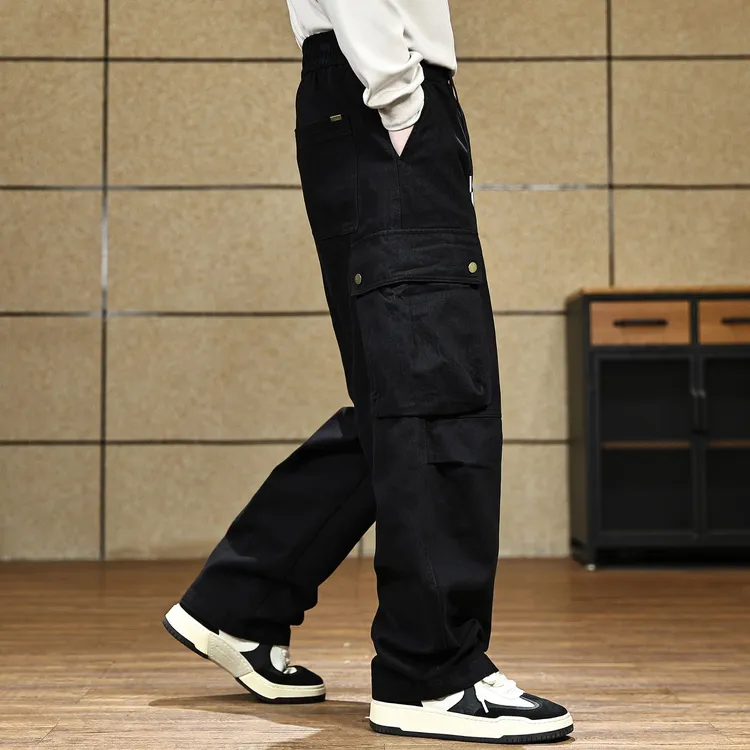 高级感纯棉黑色工装裤男潮牌宽松秋季新款直筒裤高端休闲裤子男装