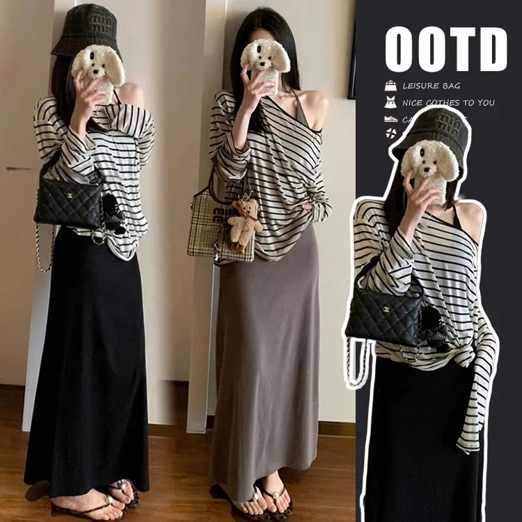 孕妇连衣裙2025春夏条纹罩衫防晒+气质显瘦简约连衣裙孕妇套装