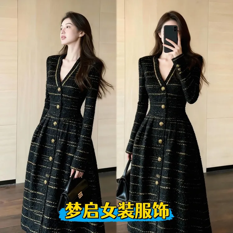 秋冬季巨好看富家千金miu系黑色小香风气质v领连衣裙女2025年新款