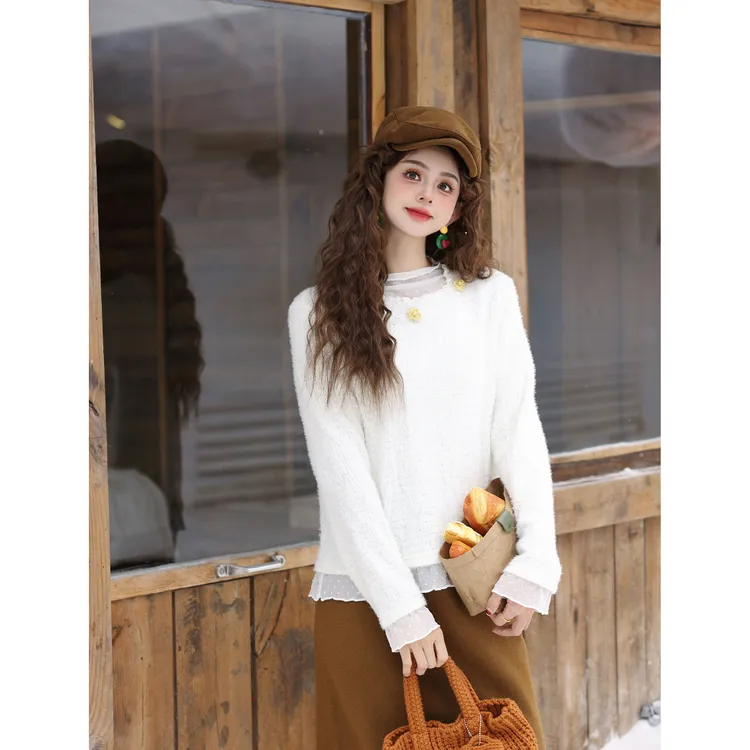 陈大器【纸上留白】港风复古蕾丝百搭秋冬T恤打底上衣JP3629259