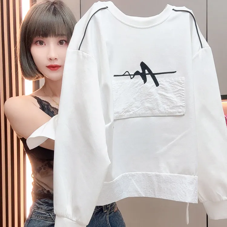 秋冬拉链装饰设计感潮流圆领上衣女下摆开叉时尚刺绣显瘦长袖卫衣
