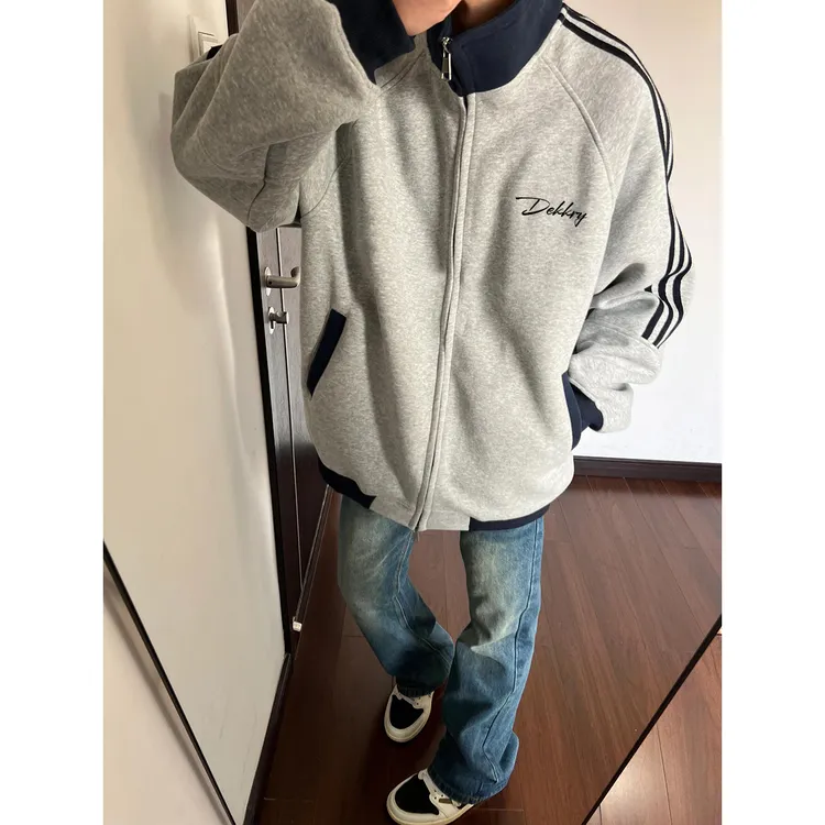 美式简约创意字母印花三条杠立领开衫外套男女秋冬季休闲情侣卫衣