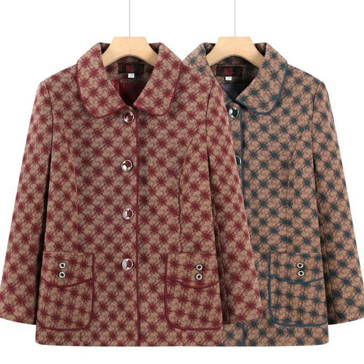 中老年妈妈春秋款时尚翻领纽扣加衬舒适外套