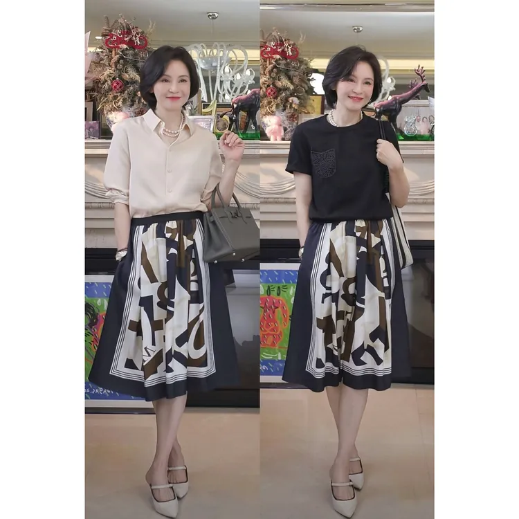 我是摩羯 艺术印花 6A级19MM真丝斜纹绸松紧腰夏半裙