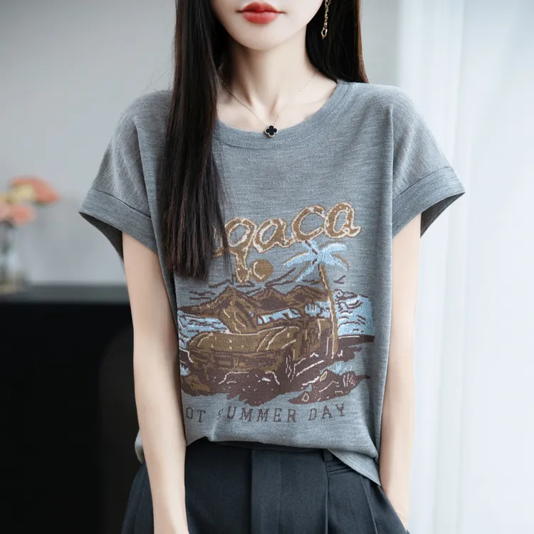 哥弟阿玛施正品新款时尚百搭圆领印花针织衫T恤夏季显瘦休闲上衣