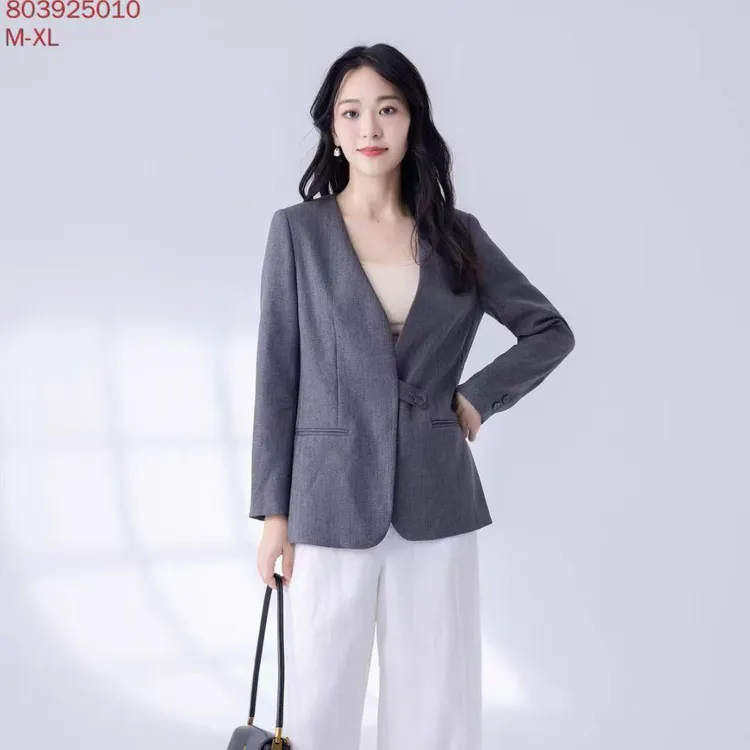 秋季女士灰色无领长袖时尚气质休闲通勤西装外套