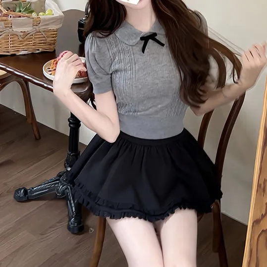 法式结娃娃领灰色短袖针织T恤夏季高腰显瘦半身蛋糕裙套装女