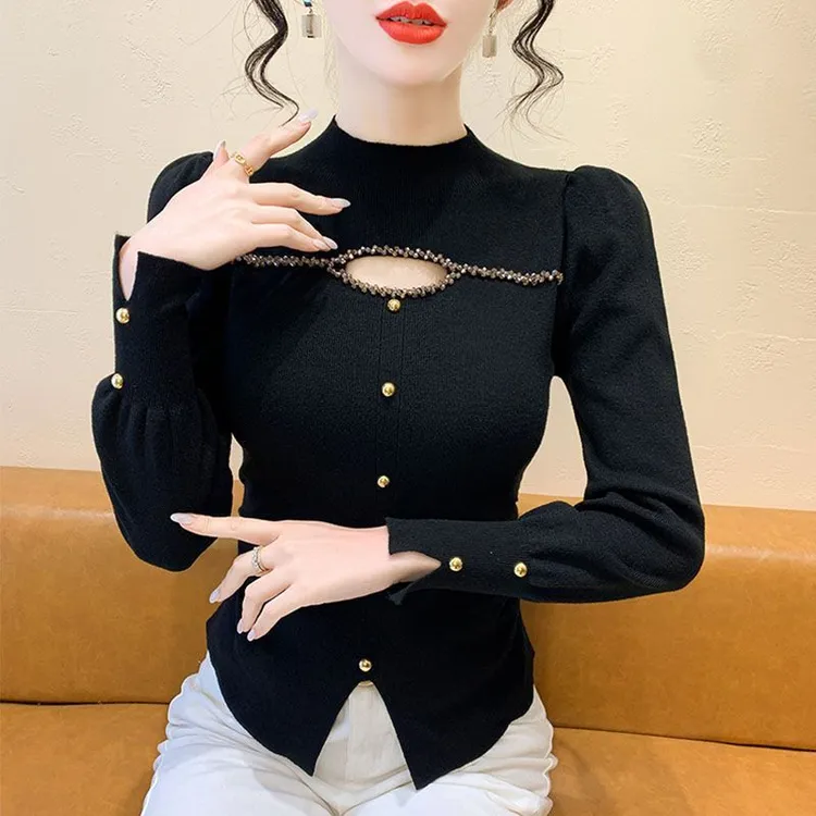 镂空毛衣女2025新款修身针织衫百搭冬季女士打底衫女秋冬长袖上衣