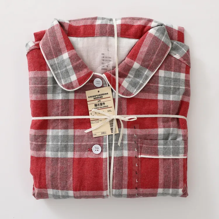 女款睡衣秋冬长袖长裤无印家居服纯棉格子红色无侧缝保暖磨毛绒感