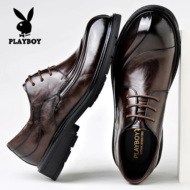 花花公子男士皮鞋真皮商务正装宽脚大头内增高结婚新郎休闲鞋棕色