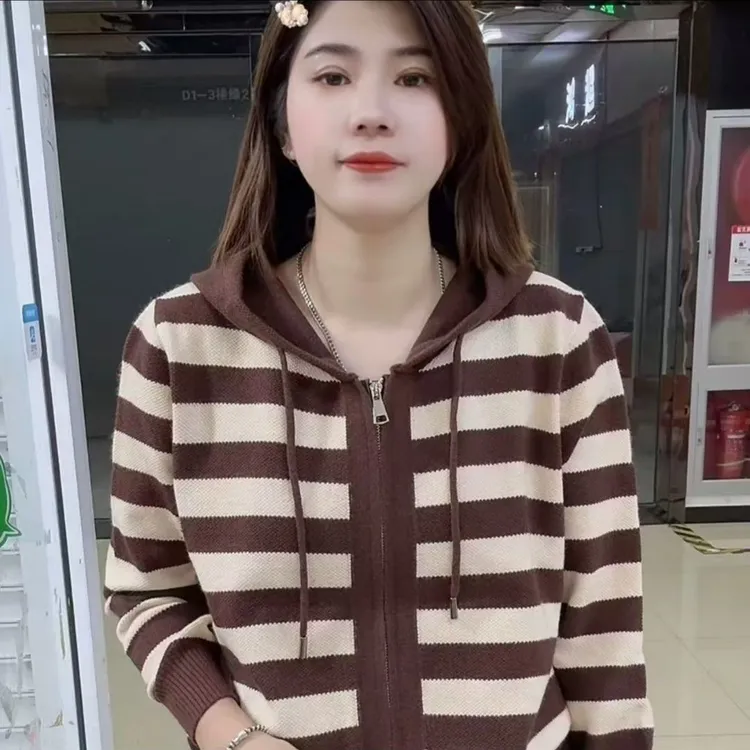 2025秋季网红爆款时尚百搭条纹简约风休闲通勤连帽针织拉链外套