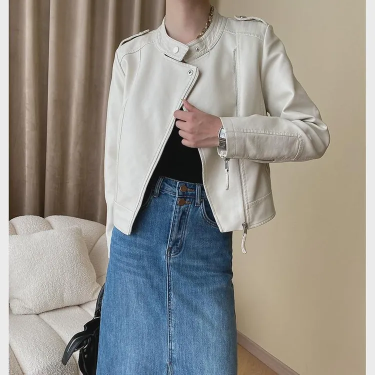 米色小皮衣女今年流行皮衣外套2024春秋新款修身短款欧洲站皮夹克