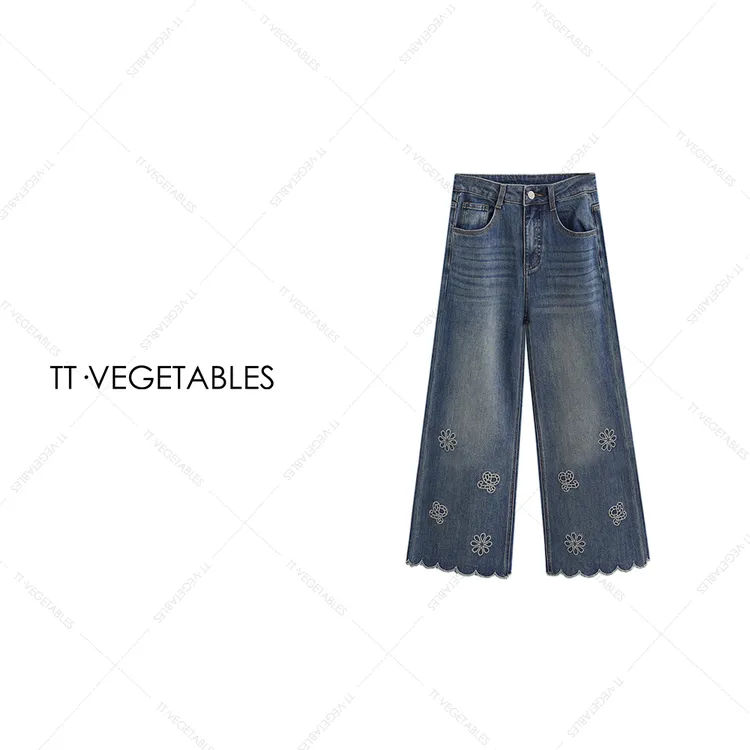 噢芬小个子 【牵牛花】重工刺绣 小众花边设计 做旧牛仔裤521059