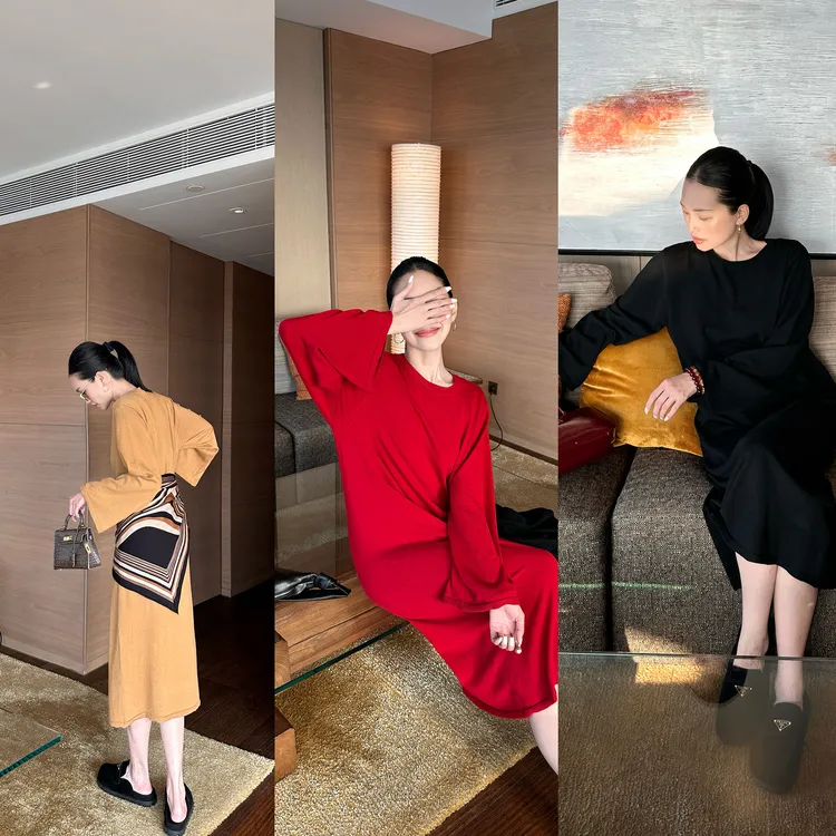 紫紫   丝光毛衣裙  绵羊毛三色松弛轮廓春秋冬连衣裙ZD07LMYL559