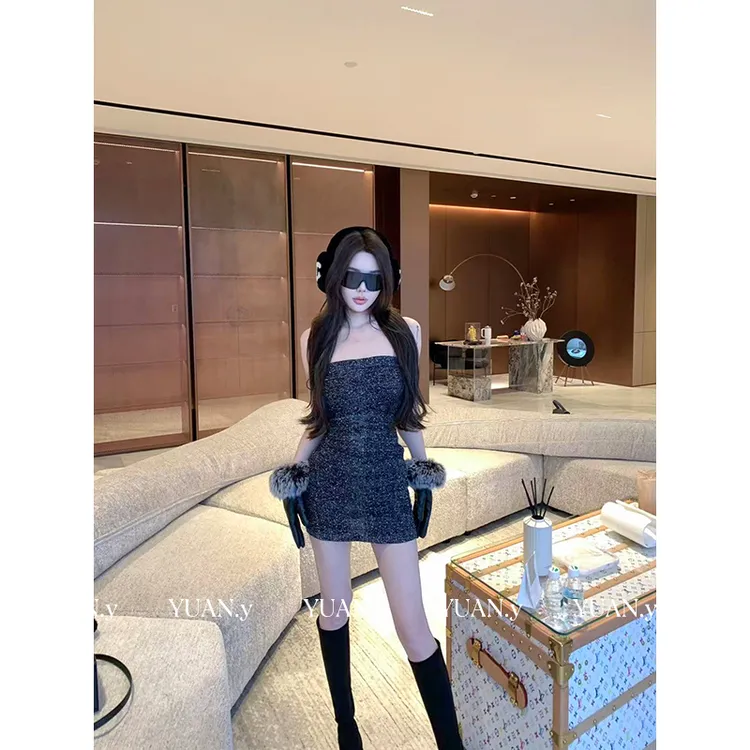 媛媛【日落香槟岛】灰色短款抹胸时尚气质纯欲辣妹时尚连衣裙#Q1356