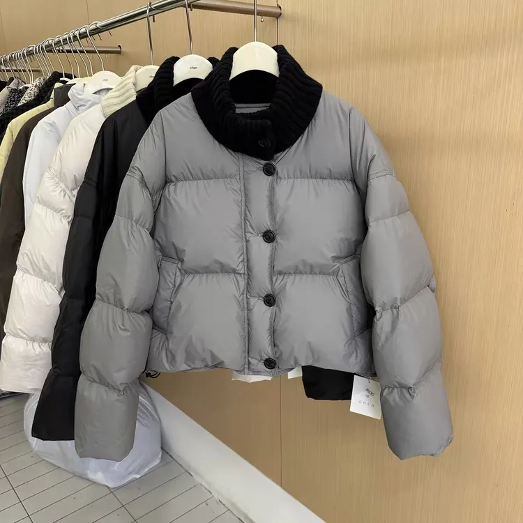 欧洲站2025冬新款时尚设计感毛衣领棉服拼接加厚百搭短款棉袄外套