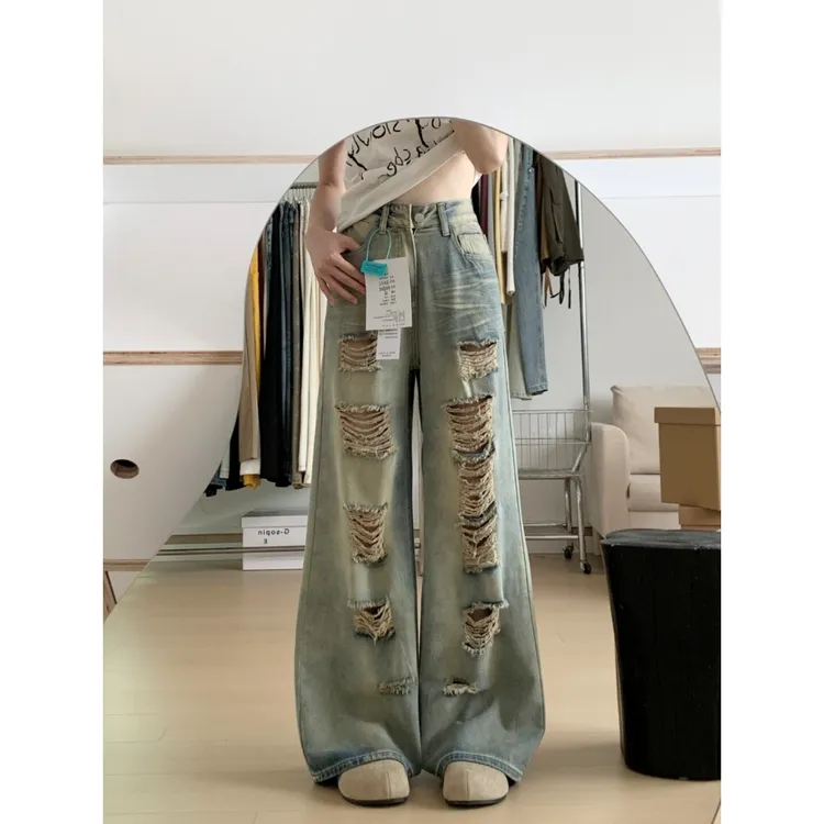 美式复古设计感破洞阔腿牛仔裤女2025秋季ins风做旧高腰直筒裤字