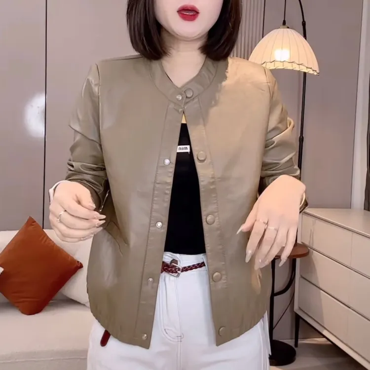 小皮衣女外套2025新款早春宽松洋气圆领机车短款春秋小个子皮夹克