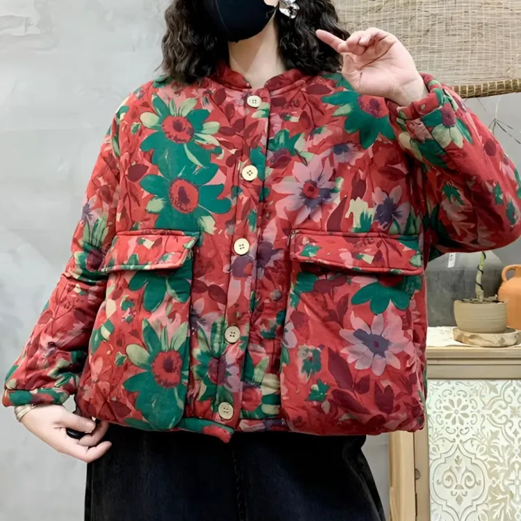 秋冬新款加绒加厚时尚百搭设计感女士碎花棉服外套