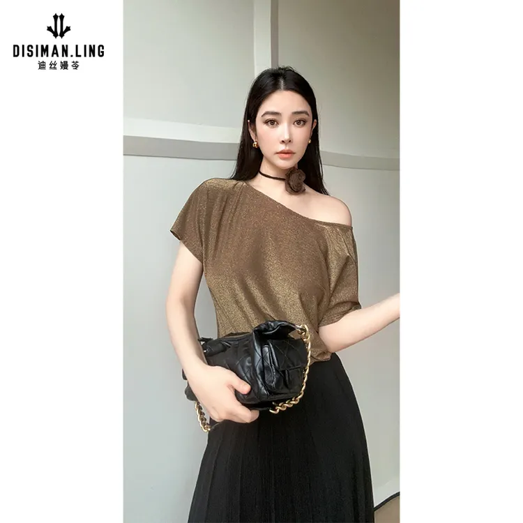 迪丝嫚苓金色针织上衣自带颈花显瘦时尚休闲百搭原创设计师小众感