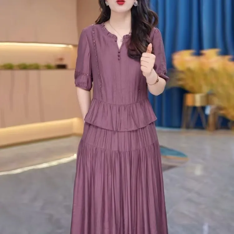 轻奢百搭假俩件连衣裙2025夏季新款端庄大气中长款显瘦裙子3980#