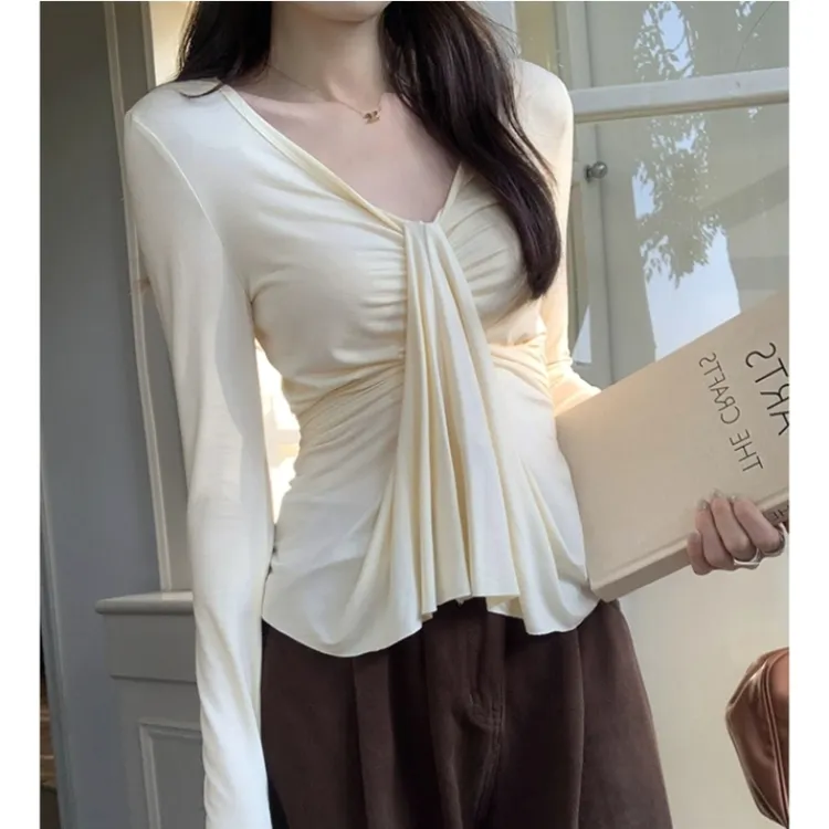 春秋莫代尔纯欲风性感辣妹长袖t恤女情万种收腰压褶打底衫上衣