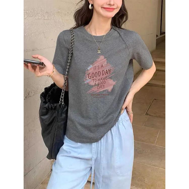 小众设计感正肩短袖t恤女士时尚百搭洋气深灰色常规款打底衫夏季