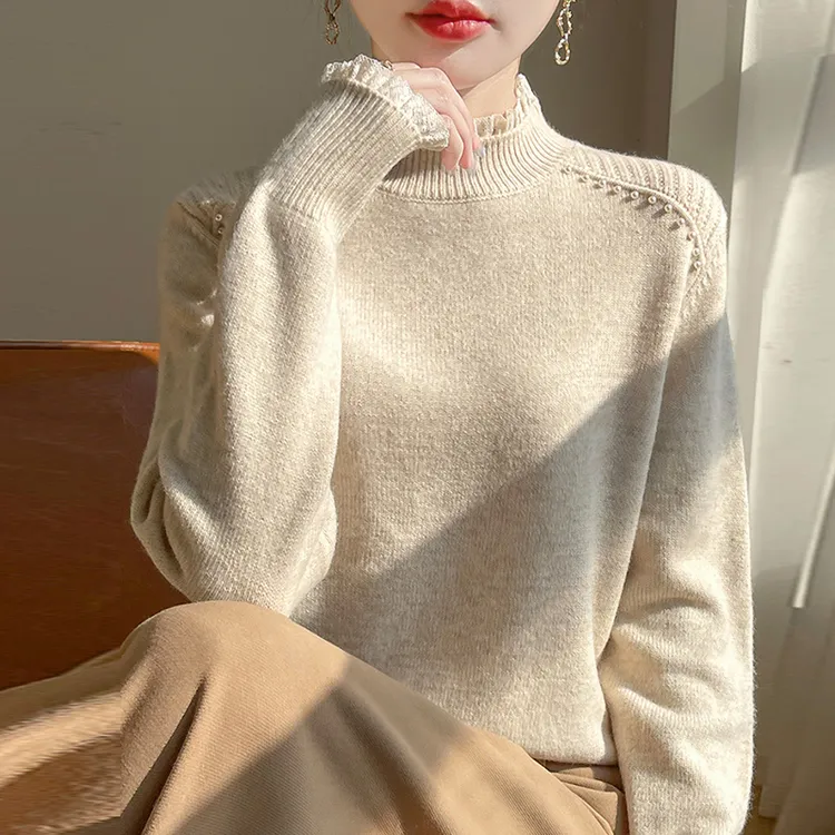 100纯羊毛衫女秋冬蕾丝边针织显瘦打底衫宽松百搭套头羊绒衫毛衣
