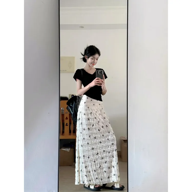 MARIE.COCO夏季小个子穿搭黑色t恤蝴蝶结半身裙修身显瘦两件套装