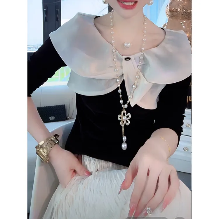 3760秋季新款时尚设计感减龄小衫上衣法式气质静奢名媛风长袖t恤