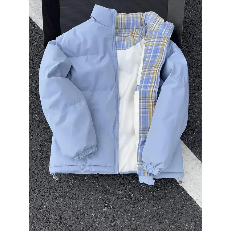 浅蓝色拼接格子羽绒棉服男款轻薄cleanfit美式外套立领工装面包服