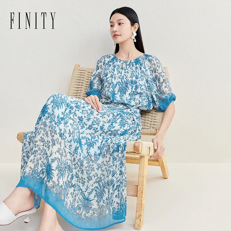 FINITY菲妮迪连衣裙碎花显瘦气质蓝色时尚夏季复古印花碎花显瘦