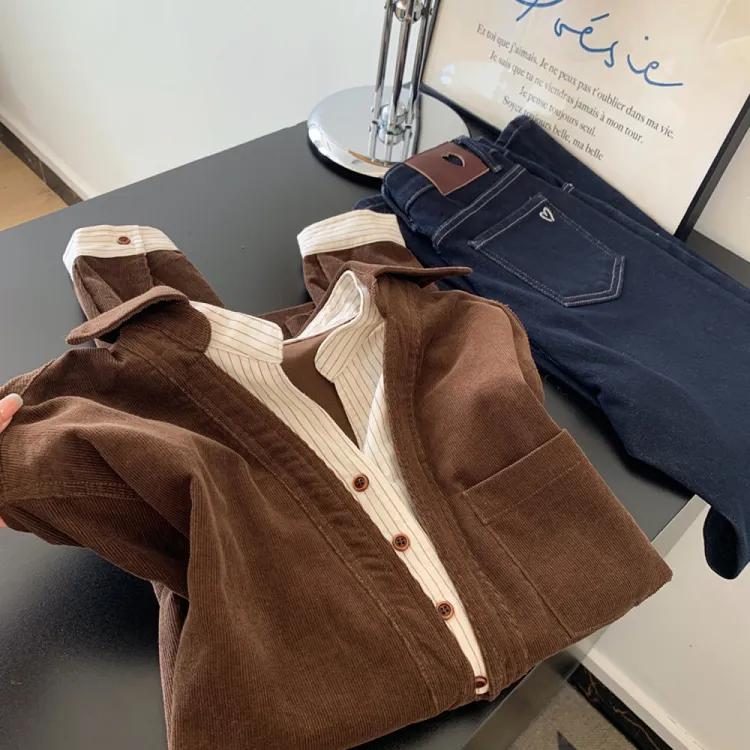 咖色翻领灯芯绒中长款假两件条纹拼接衬衫女士设计感小众宽松上衣